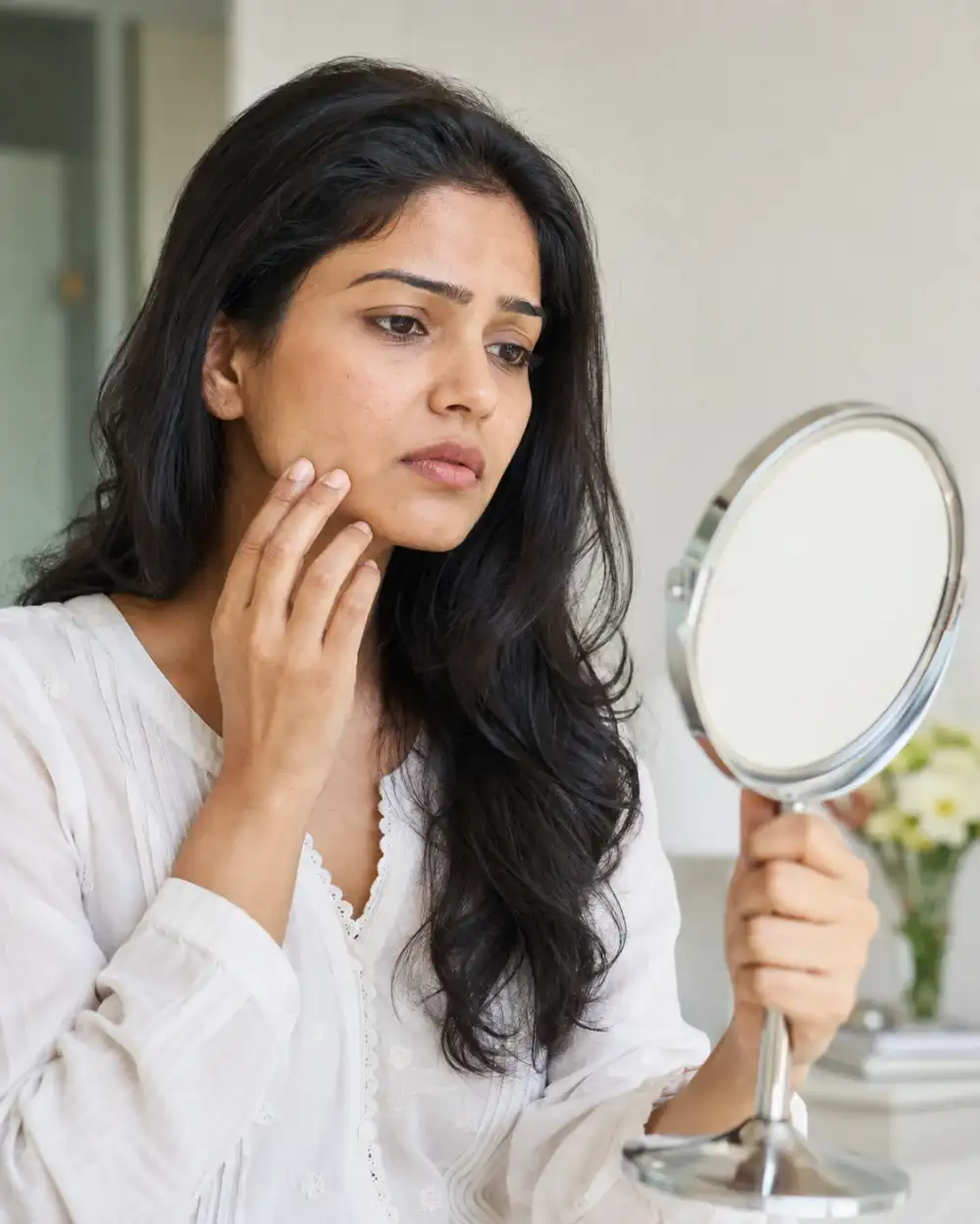 Woman looking at skin in a mirror